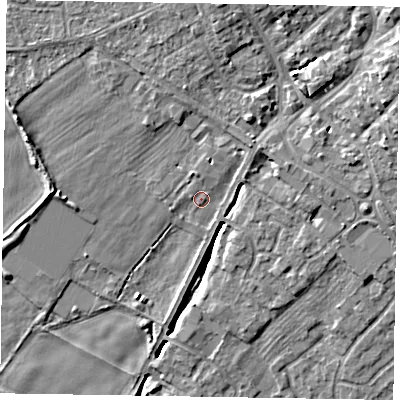 Shaded relief map of the ground around YO422NH, computed from Environment Agency LiDAR. The ground here sits at about 31 m above sea level and falls 9 m across the surrounding 800 m. Surface water reaching this point runs off ground lying to the north-east, 2.6 m higher.