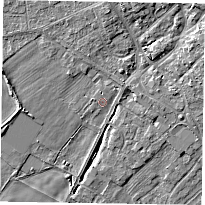 Shaded relief map of the ground around YO422NJ, computed from Environment Agency LiDAR. The ground here sits at about 32 m above sea level and falls 9 m across the surrounding 800 m. Surface water reaching this point runs off ground lying to the north, 1.5 m higher.