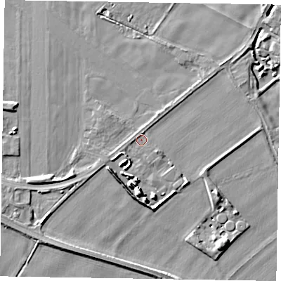 Shaded relief map of the ground around YO422NL, computed from Environment Agency LiDAR. The ground here sits at about 26 m above sea level and falls 10 m across the surrounding 800 m. Surface water reaching this point runs off ground lying to the north-north-east, 1.3 m higher.
