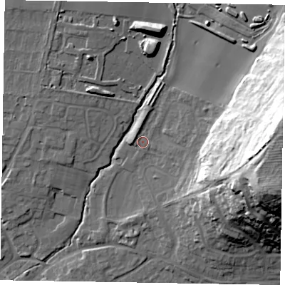 Shaded relief map of the ground around YO422NN, computed from Environment Agency LiDAR. The ground here sits at about 40 m above sea level and falls 42 m across the surrounding 800 m. Surface water reaching this point runs off ground lying to the east, 36.9 m higher.