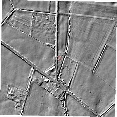 Shaded relief map of the ground around YO422NX, computed from Environment Agency LiDAR. The ground here sits at about 20 m above sea level and falls 7 m across the surrounding 800 m. Surface water reaching this point runs off ground lying to the north-north-west, 0.7 m higher.