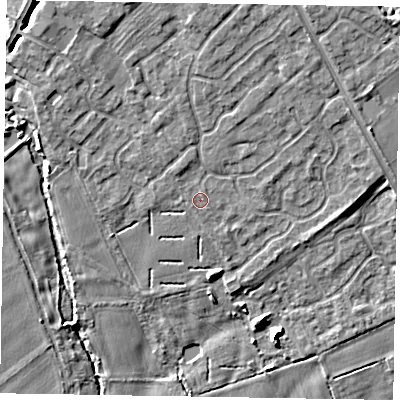 Shaded relief map of the ground around YO422PD, computed from Environment Agency LiDAR. The ground here sits at about 28 m above sea level and falls 10 m across the surrounding 800 m. The ground contributing surface water to this point lies to the north.