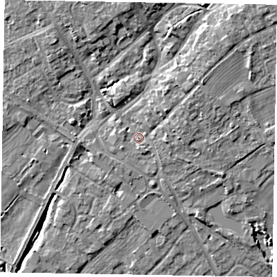 Shaded relief map of the ground around YO422PQ, computed from Environment Agency LiDAR. The ground here sits at about 34 m above sea level and falls 11 m across the surrounding 800 m. Surface water reaching this point runs off ground lying to the north-east, 5.1 m higher.