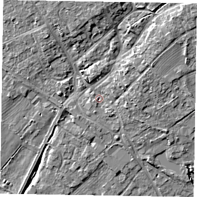 Shaded relief map of the ground around YO422QL, computed from Environment Agency LiDAR. The ground here sits at about 33 m above sea level and falls 11 m across the surrounding 800 m. Surface water reaching this point runs off ground lying to the north-east, 6.9 m higher.
