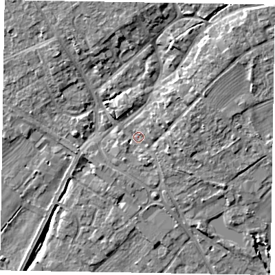 Shaded relief map of the ground around YO422QN, computed from Environment Agency LiDAR. The ground here sits at about 33 m above sea level and falls 11 m across the surrounding 800 m. Surface water reaching this point runs off ground lying to the north-east, 6.9 m higher.