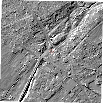 Shaded relief map of the ground around YO422QR, computed from Environment Agency LiDAR. The ground here sits at about 32 m above sea level and falls 11 m across the surrounding 800 m. Surface water reaching this point runs off ground lying to the north-east, 6.7 m higher.