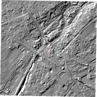 Shaded relief map of the ground around YO422QS, computed from Environment Agency LiDAR. The ground here sits at about 33 m above sea level and falls 11 m across the surrounding 800 m. Surface water reaching this point runs off ground lying to the east-south-east, 1.5 m higher.