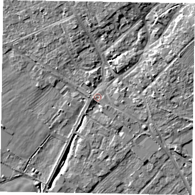 Shaded relief map of the ground around YO422QU, computed from Environment Agency LiDAR. The ground here sits at about 33 m above sea level and falls 10 m across the surrounding 800 m. Surface water reaching this point runs off ground lying to the north-east, 6.4 m higher.