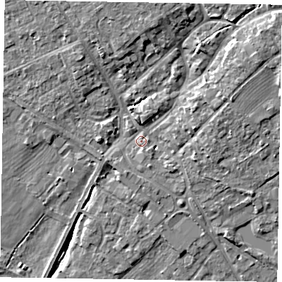 Shaded relief map of the ground around YO422QW, computed from Environment Agency LiDAR. The ground here sits at about 33 m above sea level and falls 11 m across the surrounding 800 m. Surface water reaching this point runs off ground lying to the north-east, 6.7 m higher.