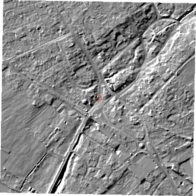 Shaded relief map of the ground around YO422QZ, computed from Environment Agency LiDAR. The ground here sits at about 33 m above sea level and falls 10 m across the surrounding 800 m. Surface water reaching this point runs off ground lying to the east-north-east, 6.5 m higher.