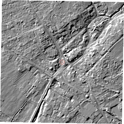 Shaded relief map of the ground around YO422RA, computed from Environment Agency LiDAR. The ground here sits at about 32 m above sea level and falls 11 m across the surrounding 800 m. Surface water reaching this point runs off ground lying to the north-north-east, 6.8 m higher.