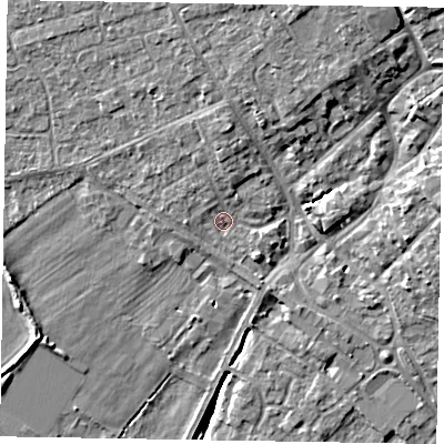 Shaded relief map of the ground around YO422RB, computed from Environment Agency LiDAR. The ground here sits at about 33 m above sea level and falls 11 m across the surrounding 800 m. Surface water reaching this point runs off ground lying to the north, 1.9 m higher.