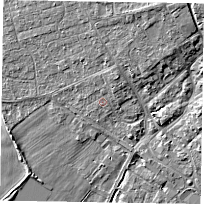 Shaded relief map of the ground around YO422RD, computed from Environment Agency LiDAR. The ground here sits at about 34 m above sea level and falls 11 m across the surrounding 800 m. Surface water reaching this point runs off ground lying to the north-east, 1.4 m higher.