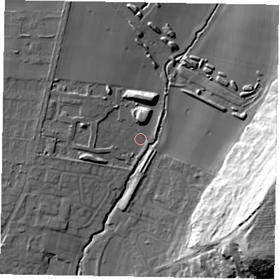 Shaded relief map of the ground around YO422SP, computed from Environment Agency LiDAR. The ground here sits at about 40 m above sea level and falls 41 m across the surrounding 800 m. Surface water reaching this point runs off ground lying to the north-north-east, 10.3 m higher.