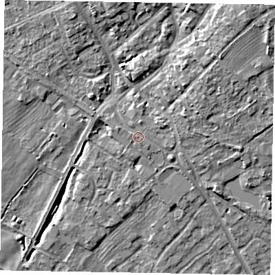 Shaded relief map of the ground around YO422SQ, computed from Environment Agency LiDAR. The ground here sits at about 34 m above sea level and falls 11 m across the surrounding 800 m. Surface water reaching this point runs off ground lying to the north, 0.6 m higher.