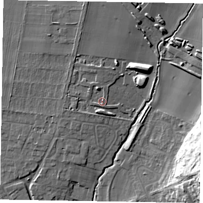 Shaded relief map of the ground around YO422ST, computed from Environment Agency LiDAR. The ground here sits at about 42 m above sea level and falls 26 m across the surrounding 800 m. Surface water reaching this point runs off ground lying to the north, 1.1 m higher.