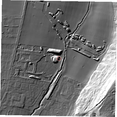 Shaded relief map of the ground around YO422SU, computed from Environment Agency LiDAR. The ground here sits at about 45 m above sea level and falls 41 m across the surrounding 800 m. Surface water reaching this point runs off ground lying to the north, 9.0 m higher.