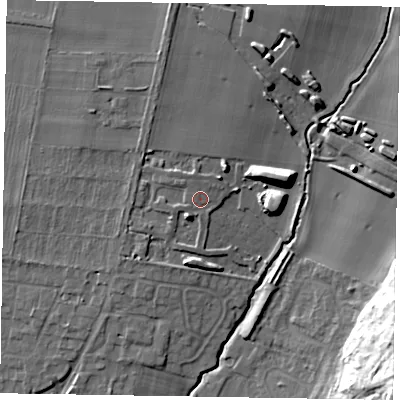 Shaded relief map of the ground around YO422SZ, computed from Environment Agency LiDAR. The ground here sits at about 43 m above sea level and falls 26 m across the surrounding 800 m. Surface water reaching this point runs off ground lying to the north-north-west, 1.1 m higher.