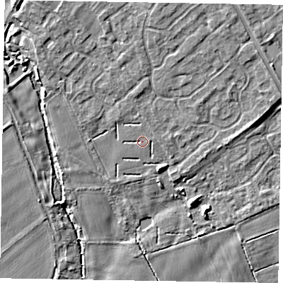 Shaded relief map of the ground around YO422TS, computed from Environment Agency LiDAR. The ground here sits at about 27 m above sea level and falls 9 m across the surrounding 800 m. Surface water reaching this point runs off ground lying to the north, 0.9 m higher.