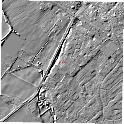 Shaded relief map of the ground around YO422YT, computed from Environment Agency LiDAR. The ground here sits at about 31 m above sea level and falls 10 m across the surrounding 800 m. Surface water reaching this point runs off ground lying to the north-north-east, 6.4 m higher.