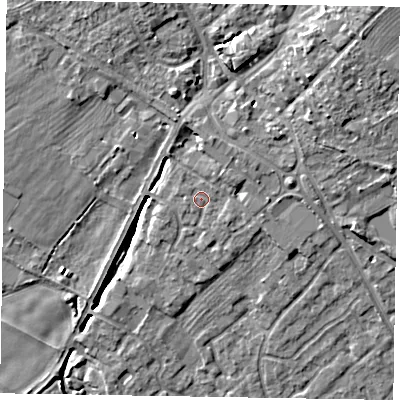 Shaded relief map of the ground around YO422YX, computed from Environment Agency LiDAR. The ground here sits at about 32 m above sea level and falls 11 m across the surrounding 800 m. Surface water reaching this point runs off ground lying to the north-east, 2.1 m higher.