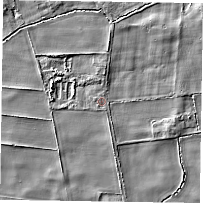 Shaded relief map of the ground around YO424DE, computed from Environment Agency LiDAR. The ground here sits at about 17 m above sea level and falls 4 m across the surrounding 800 m. Surface water reaching this point runs off ground lying to the south-west, 1.8 m higher.