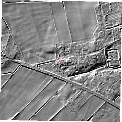 Shaded relief map of the ground around YO424ED, computed from Environment Agency LiDAR. The ground here sits at about 21 m above sea level and falls 10 m across the surrounding 800 m. Surface water reaching this point runs off ground lying to the east-north-east, 6.6 m higher.