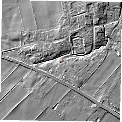 Shaded relief map of the ground around YO424EY, computed from Environment Agency LiDAR. The ground here sits at about 21 m above sea level and falls 9 m across the surrounding 800 m. Surface water reaching this point runs off ground lying to the east, 3.6 m higher.