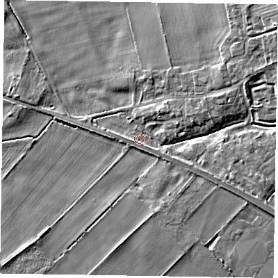 Shaded relief map of the ground around YO424HD, computed from Environment Agency LiDAR. The ground here sits at about 20 m above sea level and falls 10 m across the surrounding 800 m. Surface water reaching this point runs off ground lying to the east-north-east, 4.9 m higher.
