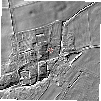 Shaded relief map of the ground around YO424HN, computed from Environment Agency LiDAR. The ground here sits at about 24 m above sea level and falls 9 m across the surrounding 800 m. Surface water reaching this point runs off ground lying to the north-west, 2.9 m higher.