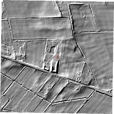 Shaded relief map of the ground around YO424HR, computed from Environment Agency LiDAR. The ground here sits at about 17 m above sea level and falls 6 m across the surrounding 800 m. Surface water reaching this point runs off ground lying to the north-north-east, 4.3 m higher.
