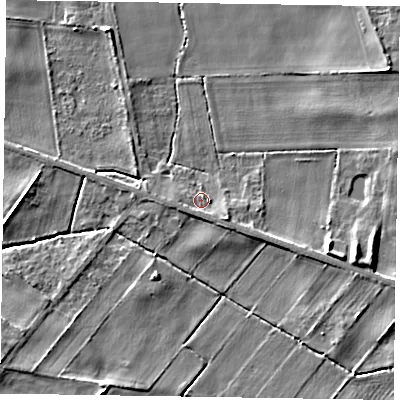 Shaded relief map of the ground around YO424HS, computed from Environment Agency LiDAR. The ground here sits at about 17 m above sea level and falls 6 m across the surrounding 800 m. Surface water reaching this point runs off ground lying to the south-east, 2.7 m higher.