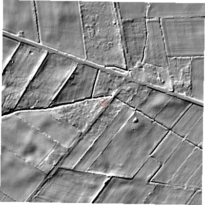 Shaded relief map of the ground around YO424HX, computed from Environment Agency LiDAR. The ground here sits at about 17 m above sea level and falls 6 m across the surrounding 800 m. Surface water reaching this point runs off ground lying to the north-east, 2.6 m higher.