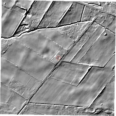 Shaded relief map of the ground around YO424HZ, computed from Environment Agency LiDAR. The ground here sits at about 18 m above sea level and falls 7 m across the surrounding 800 m. Surface water reaching this point runs off ground lying to the east-south-east, 1.2 m higher.