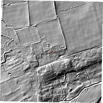 Shaded relief map of the ground around YO424JD, computed from Environment Agency LiDAR. The ground here sits at about 13 m above sea level and falls 8 m across the surrounding 800 m. Surface water reaching this point runs off ground lying to the north, 1.6 m higher.