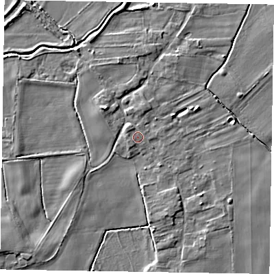 Shaded relief map of the ground around YO424JL, computed from Environment Agency LiDAR. The ground here sits at about 10 m above sea level and falls 6 m across the surrounding 800 m. Surface water reaching this point runs off ground lying to the north-west, 0.9 m higher.
