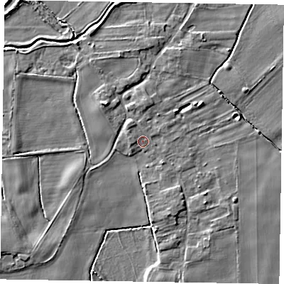 Shaded relief map of the ground around YO424JN, computed from Environment Agency LiDAR. The ground here sits at about 10 m above sea level and falls 6 m across the surrounding 800 m. Surface water reaching this point runs off ground lying to the north, 1.6 m higher.