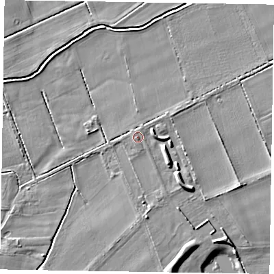 Shaded relief map of the ground around YO424JP, computed from Environment Agency LiDAR. The ground here sits at about 11 m above sea level and falls 6 m across the surrounding 800 m. Surface water reaching this point runs off ground lying to the north-east, 1.0 m higher.