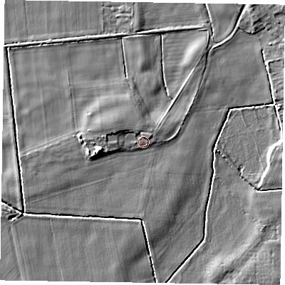 Shaded relief map of the ground around YO424JT, computed from Environment Agency LiDAR. The ground here sits at about 10 m above sea level and falls 7 m across the surrounding 800 m. Surface water reaching this point runs off ground lying to the west-north-west, 1.6 m higher.