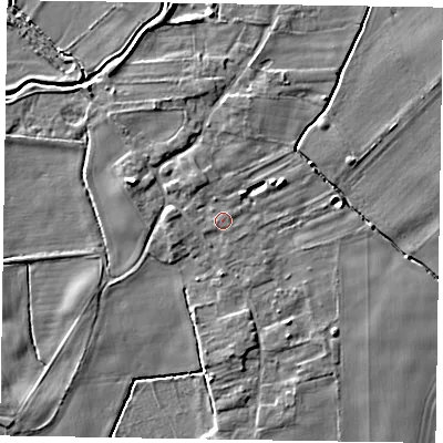 Shaded relief map of the ground around YO424JW, computed from Environment Agency LiDAR. The ground here sits at about 10 m above sea level and falls 6 m across the surrounding 800 m. Surface water reaching this point runs off ground lying to the north-north-west, 1.5 m higher.