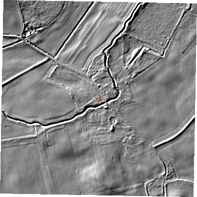 Shaded relief map of the ground around YO424LE, computed from Environment Agency LiDAR. The ground here sits at about 9 m above sea level and falls 6 m across the surrounding 800 m. Surface water reaching this point runs off ground lying to the east-north-east, 0.5 m higher.