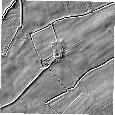 Shaded relief map of the ground around YO424LF, computed from Environment Agency LiDAR. The ground here sits at about 10 m above sea level and falls 4 m across the surrounding 800 m. Surface water reaching this point runs off ground lying to the north-east, 0.9 m higher.