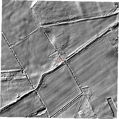 Shaded relief map of the ground around YO424LQ, computed from Environment Agency LiDAR. The ground here sits at about 13 m above sea level and falls 7 m across the surrounding 800 m. Surface water reaching this point runs off ground lying to the north-east, 5.8 m higher.