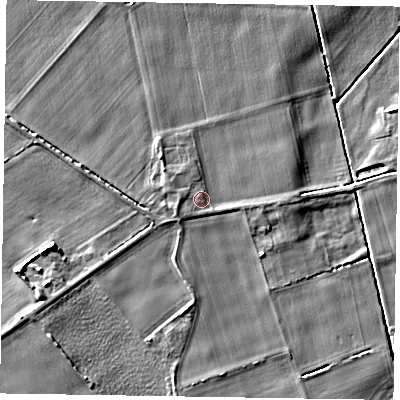 Shaded relief map of the ground around YO424NQ, computed from Environment Agency LiDAR. The ground here sits at about 9 m above sea level and falls 5 m across the surrounding 800 m. Surface water reaching this point runs off ground lying to the west, 1.3 m higher.