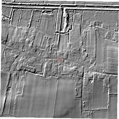 Shaded relief map of the ground around YO424QJ, computed from Environment Agency LiDAR. The ground here sits at about 8 m above sea level and falls 6 m across the surrounding 800 m. Surface water reaching this point runs off ground lying to the east-south-east, 2.2 m higher.