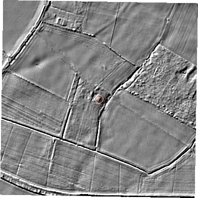 Shaded relief map of the ground around YO424RH, computed from Environment Agency LiDAR. The ground here sits at about 10 m above sea level and falls 4 m across the surrounding 800 m. Surface water reaching this point runs off ground lying to the north-north-west, 1.9 m higher.