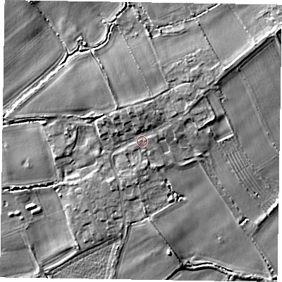 Shaded relief map of the ground around YO424RW, computed from Environment Agency LiDAR. The ground here sits at about 18 m above sea level and falls 8 m across the surrounding 800 m. Surface water reaching this point runs off ground lying to the north, 2.6 m higher.