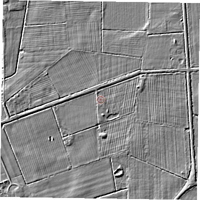 Shaded relief map of the ground around YO424TA, computed from Environment Agency LiDAR. The ground here sits at about 8 m above sea level and falls 3 m across the surrounding 800 m. Surface water reaching this point runs off ground lying to the south-west, 0.6 m higher.