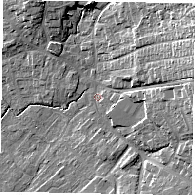 Shaded relief map of the ground around YO433AF, computed from Environment Agency LiDAR. The ground here sits at about 25 m above sea level and falls 23 m across the surrounding 800 m. Surface water reaching this point runs off ground lying to the east, 14.6 m higher.