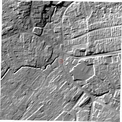 Shaded relief map of the ground around YO433AG, computed from Environment Agency LiDAR. The ground here sits at about 25 m above sea level and falls 22 m across the surrounding 800 m. Surface water reaching this point runs off ground lying to the east, 13.7 m higher.